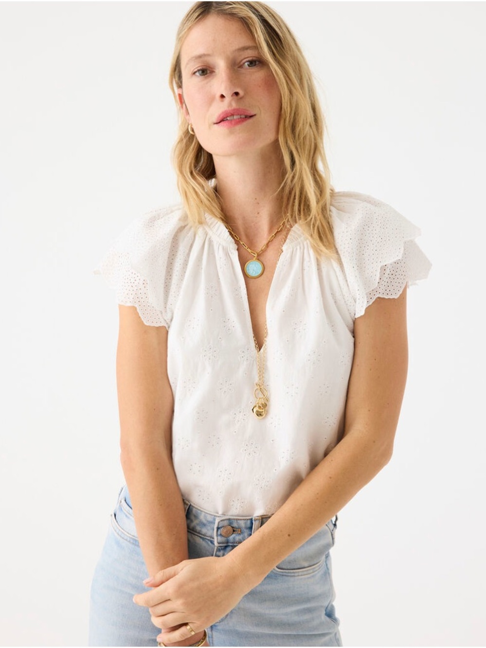 Vineyard Vines White Eyelet Flutter Sleeve Top